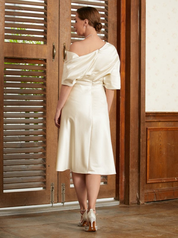 Charmeuse Ruched Off-the-Shoulder 1/2 Sleeves Tea-Length Mother of the Bride Dresses