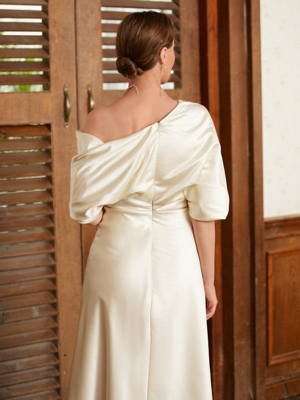 Charmeuse Ruched Off-the-Shoulder 1/2 Sleeves Tea-Length Mother of the Bride Dresses