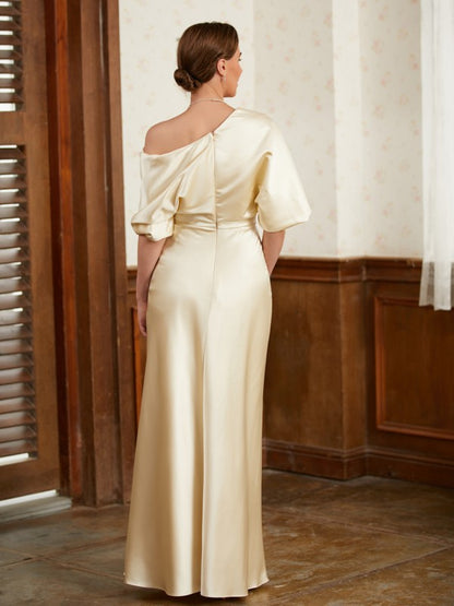 Charmeuse Ruched Off-the-Shoulder Short Sleeves Floor-Length Mother of the Bride Dresses