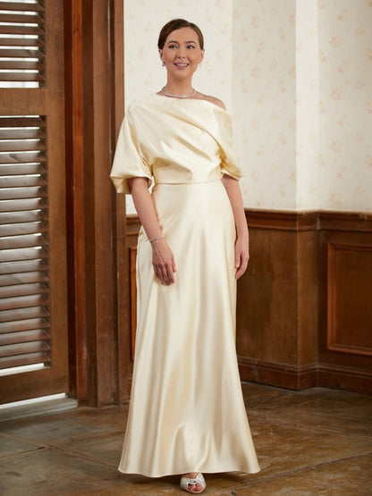 Charmeuse Ruched Off-the-Shoulder Short Sleeves Floor-Length Mother of the Bride Dresses