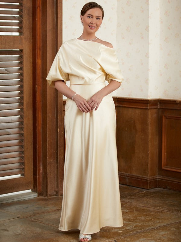 Charmeuse Ruched Off-the-Shoulder Short Sleeves Floor-Length Mother of the Bride Dresses