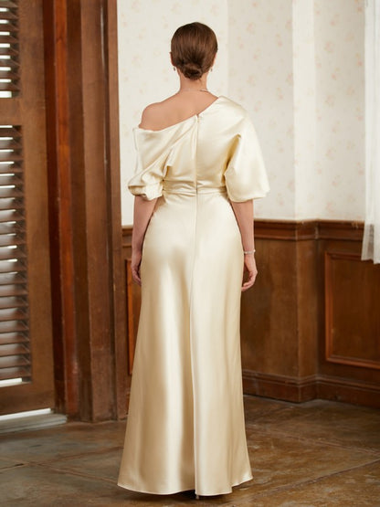 Charmeuse Ruched Off-the-Shoulder Short Sleeves Floor-Length Mother of the Bride Dresses