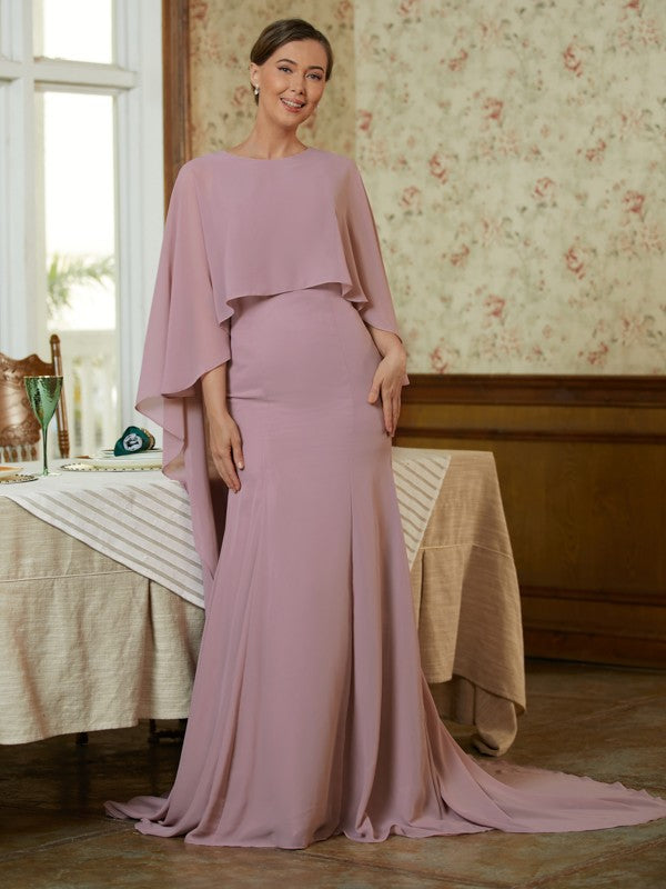 Chiffon Ruffles Scoop Long Sleeves Sweep/Brush Train Mother of the Bride Dresses