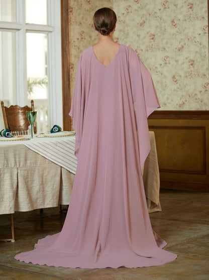 Chiffon Ruffles Scoop Long Sleeves Sweep/Brush Train Mother of the Bride Dresses