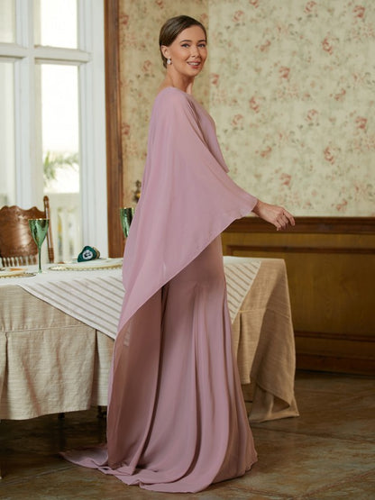 Chiffon Ruffles Scoop Long Sleeves Sweep/Brush Train Mother of the Bride Dresses