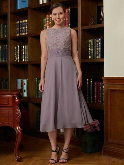 Chiffon Lace Scoop Sleeveless Tea-Length Mother of the Bride Dresses