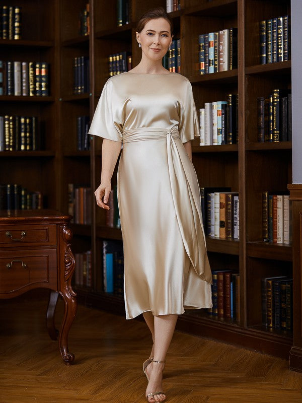 Woven Satin Ruched Scoop Short Sleeves Tea-Length Mother of the Bride Dresses