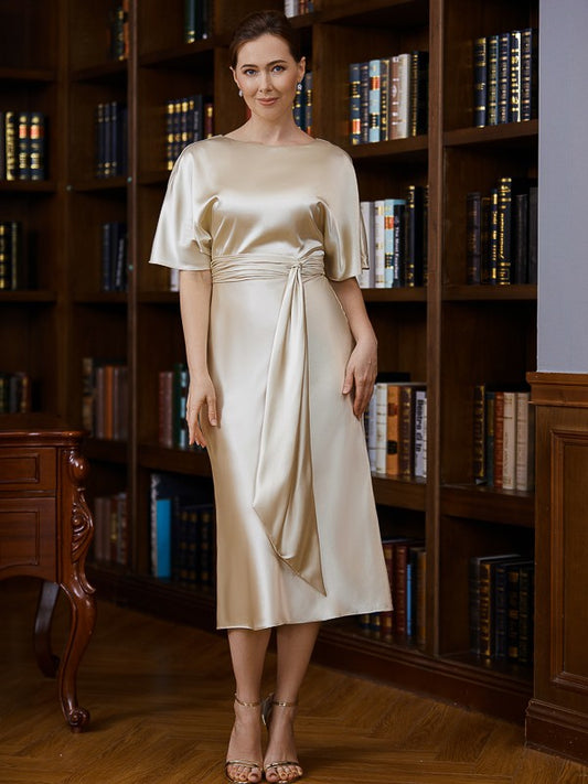 Woven Satin Ruched Scoop Short Sleeves Tea-Length Mother of the Bride Dresses