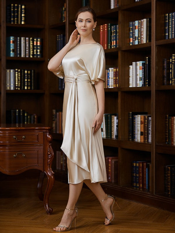 Woven Satin Ruched Scoop Short Sleeves Tea-Length Mother of the Bride Dresses