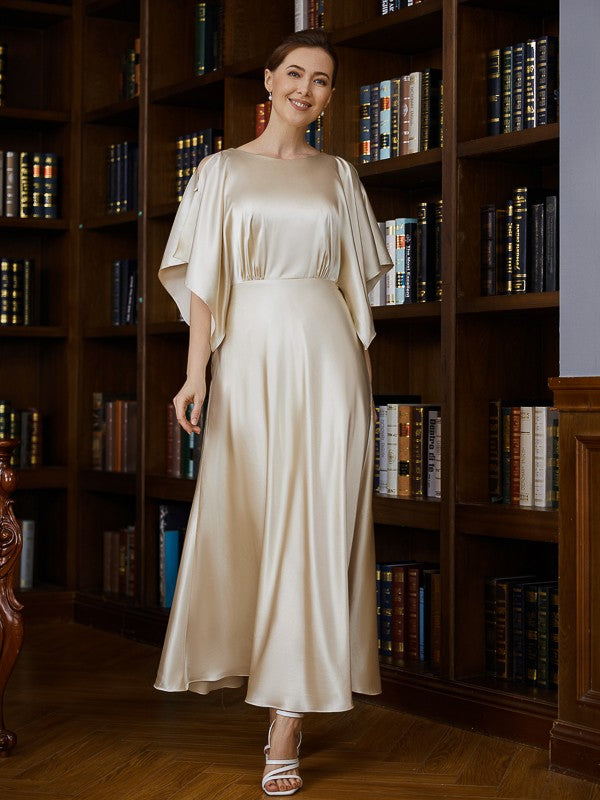 Silk like Satin Ruched Scoop 1/2 Sleeves Ankle-Length Mother of the Bride Dresses