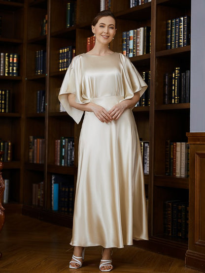 Silk like Satin Ruched Scoop 1/2 Sleeves Ankle-Length Mother of the Bride Dresses