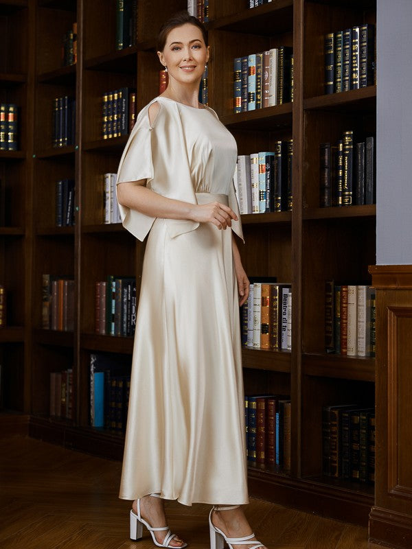 Silk like Satin Ruched Scoop 1/2 Sleeves Ankle-Length Mother of the Bride Dresses