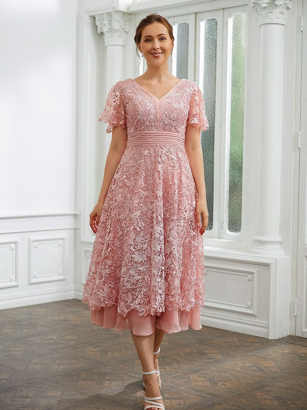 Chiffon Applique V-neck Short Sleeves Tea-Length Mother of the Bride Dresses