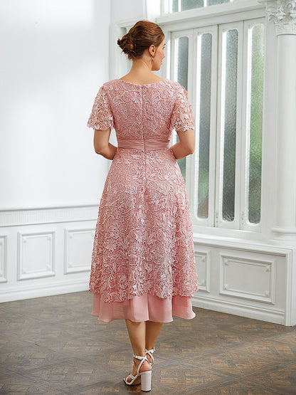 Chiffon Applique V-neck Short Sleeves Tea-Length Mother of the Bride Dresses