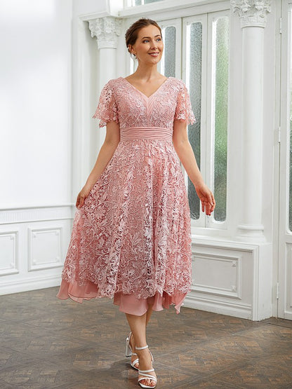 Chiffon Applique V-neck Short Sleeves Tea-Length Mother of the Bride Dresses