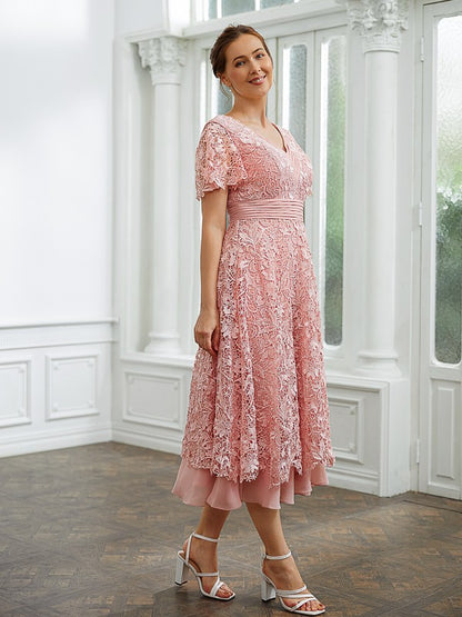 Chiffon Applique V-neck Short Sleeves Tea-Length Mother of the Bride Dresses