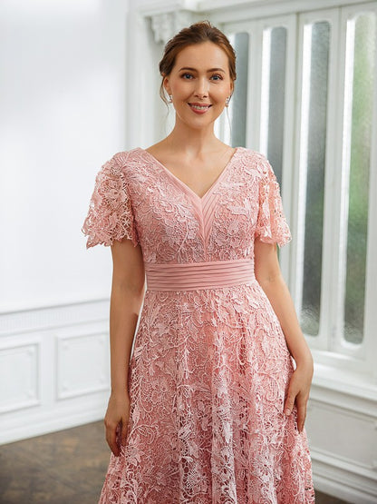 Chiffon Applique V-neck Short Sleeves Tea-Length Mother of the Bride Dresses