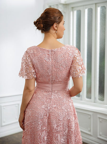 Chiffon Applique V-neck Short Sleeves Tea-Length Mother of the Bride Dresses