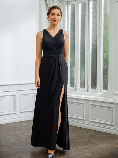 Ruched V-neck Sleeveless Floor-Length Mother of the Bride Dresses