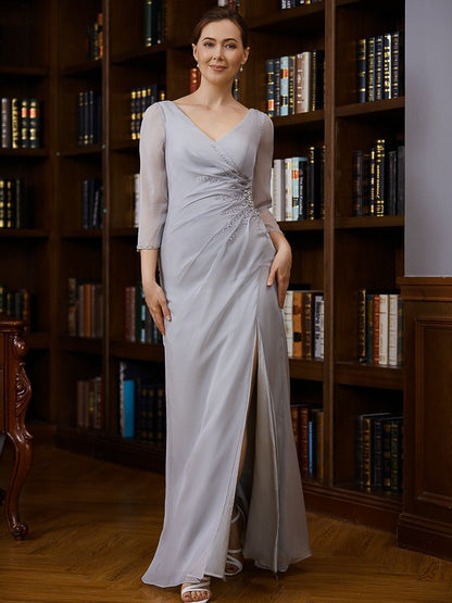 Chiffon Beading V-neck 3/4 Sleeves Floor-Length Mother of the Bride Dresses