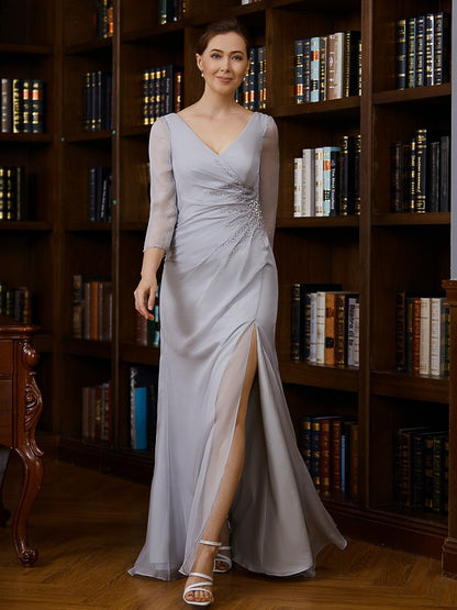 Chiffon Beading V-neck 3/4 Sleeves Floor-Length Mother of the Bride Dresses