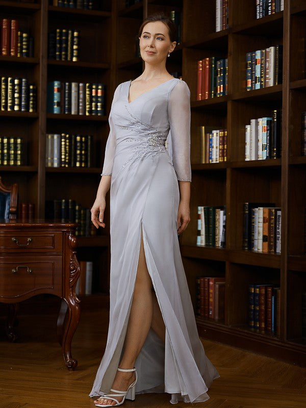 Chiffon Beading V-neck 3/4 Sleeves Floor-Length Mother of the Bride Dresses