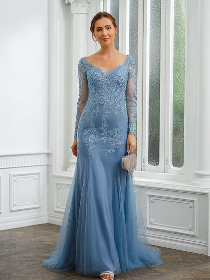 Tulle Applique V-neck Long Sleeves Sweep/Brush Train Mother of the Bride Dresses