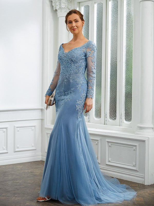 Tulle Applique V-neck Long Sleeves Sweep/Brush Train Mother of the Bride Dresses