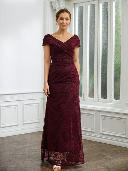 Lace Ruched V-neck Short Sleeves Floor-Length Mother of the Bride Dresses