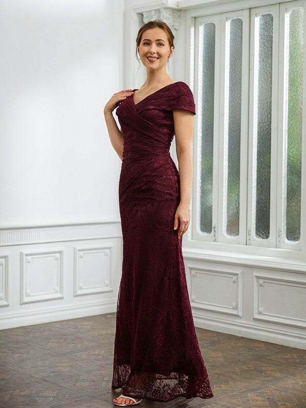 Lace Ruched V-neck Short Sleeves Floor-Length Mother of the Bride Dresses