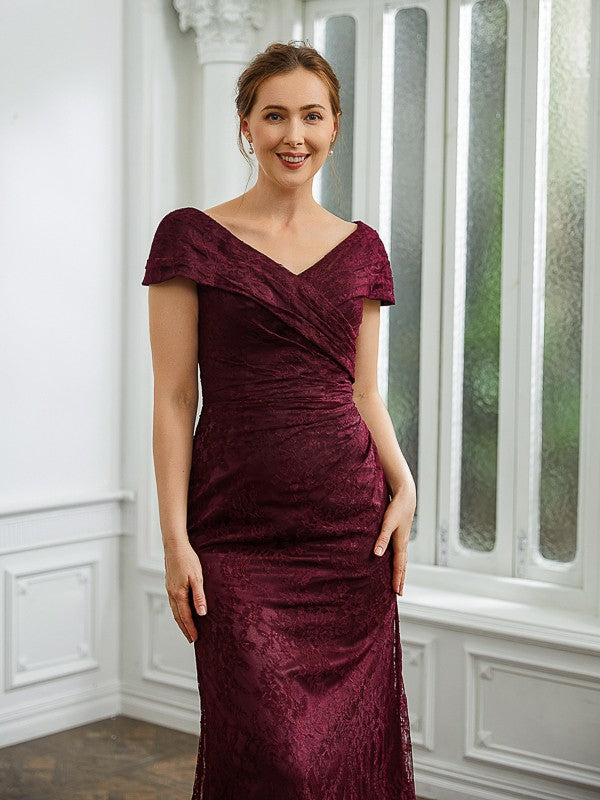 Lace Ruched V-neck Short Sleeves Floor-Length Mother of the Bride Dresses