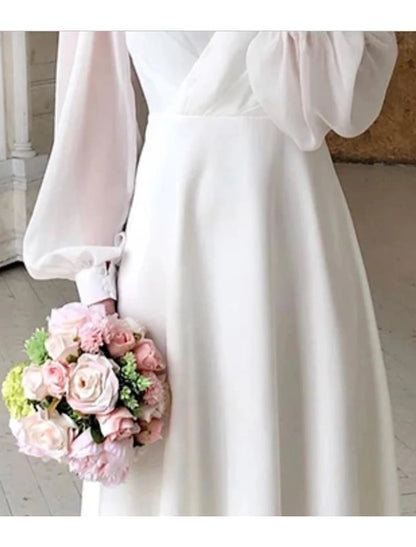 Simple Wedding Dresses Little White Dresses A-Line V Neck For Wedding Reception Lantern Sleeve Ankle Length Chiffon Bridal Shower Gowns