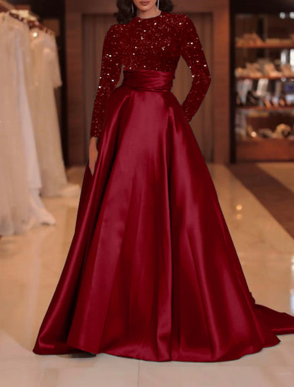 A-Line Evening Gown Sparkle Red Green Dress Formal Cocktail Party Court Train Long Sleeve High Neck Fall Wedding Guest Satin