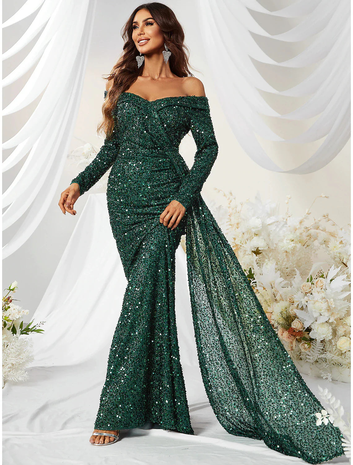 Evening Gown Sparkle & Shine Dress Formal Cocktail Party Sweep / Brush Train Long Sleeve Off Shoulder Polyester with Sequin