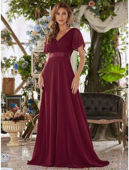 Weitese A-Line Evening Gown Party Dress Empire Dress Wedding Guest Formal Evening Floor Length Short Sleeve V Neck Bridesmaid Dress Chiffon V Back with Ruffles Pure Color