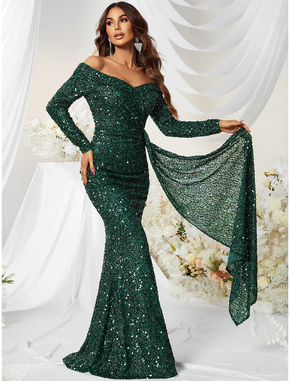 Evening Gown Sparkle & Shine Dress Formal Cocktail Party Sweep / Brush Train Long Sleeve Off Shoulder Polyester with Sequin