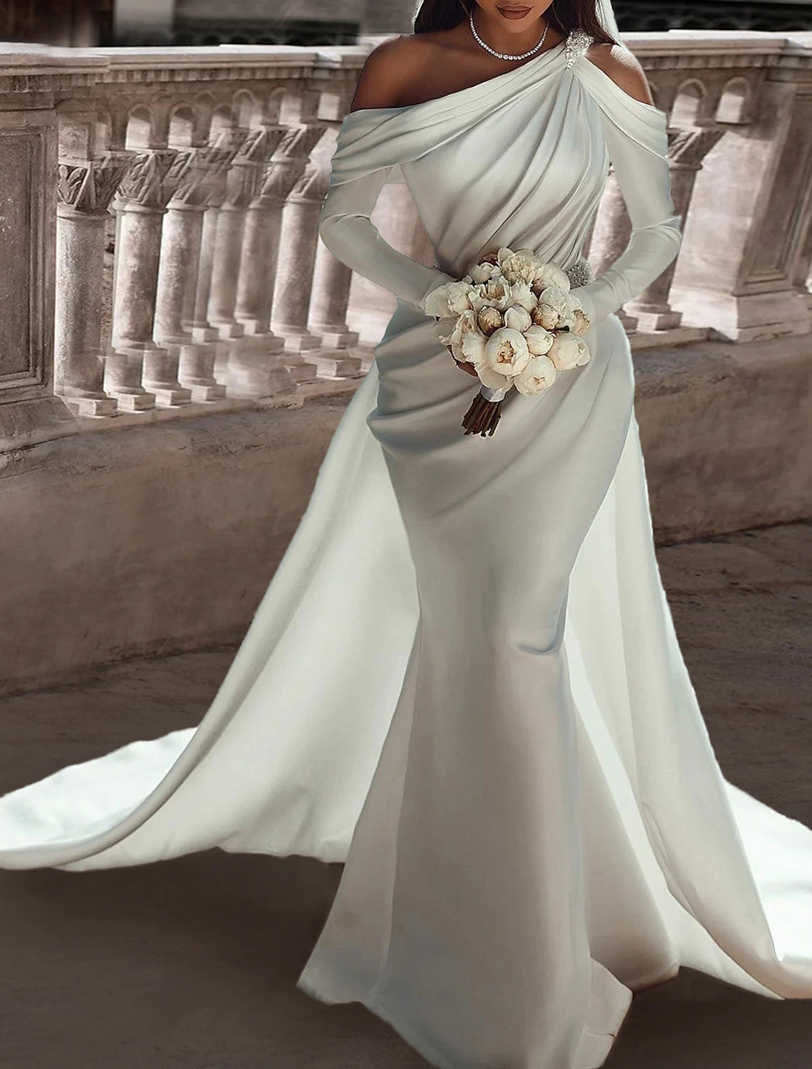 Formal Wedding Dresses Two Piece One Shoulder Long Sleeve Floor Length Satin Bridal Gowns