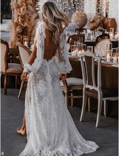 Beach Sexy Boho Wedding Dresses A-Line V Neck Long Sleeve Sweep / Brush Train Lace Bridal Gowns