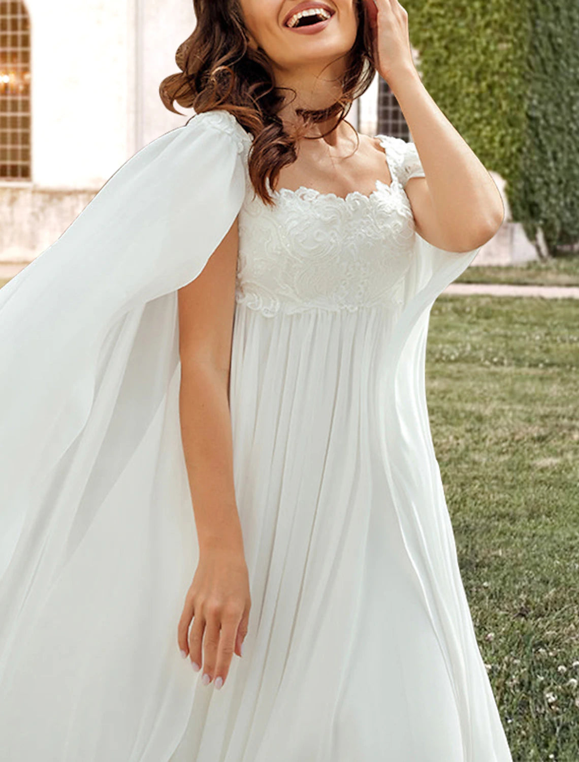 Hall Casual Wedding Dresses A-Line Square Neck Sleeveless Sweep / Brush Train Chiffon Bridal Gowns