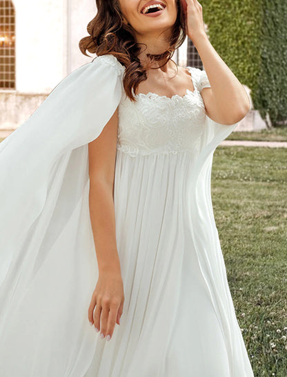 Hall Casual Wedding Dresses A-Line Square Neck Sleeveless Sweep / Brush Train Chiffon Bridal Gowns