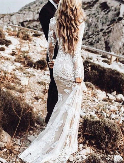 Beach Wedding Dresses in Color Boho Wedding Dresses Mermaid / Trumpet Scoop Neck Long Sleeve Court Train Lace Bridal Gowns