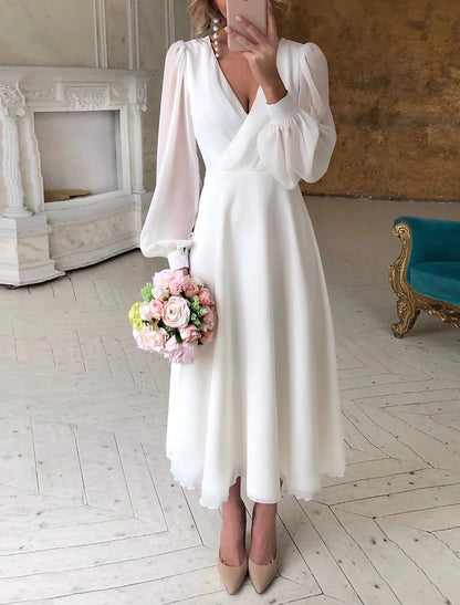 Simple Wedding Dresses Little White Dresses A-Line V Neck For Wedding Reception Lantern Sleeve Ankle Length Chiffon Bridal Shower Gowns