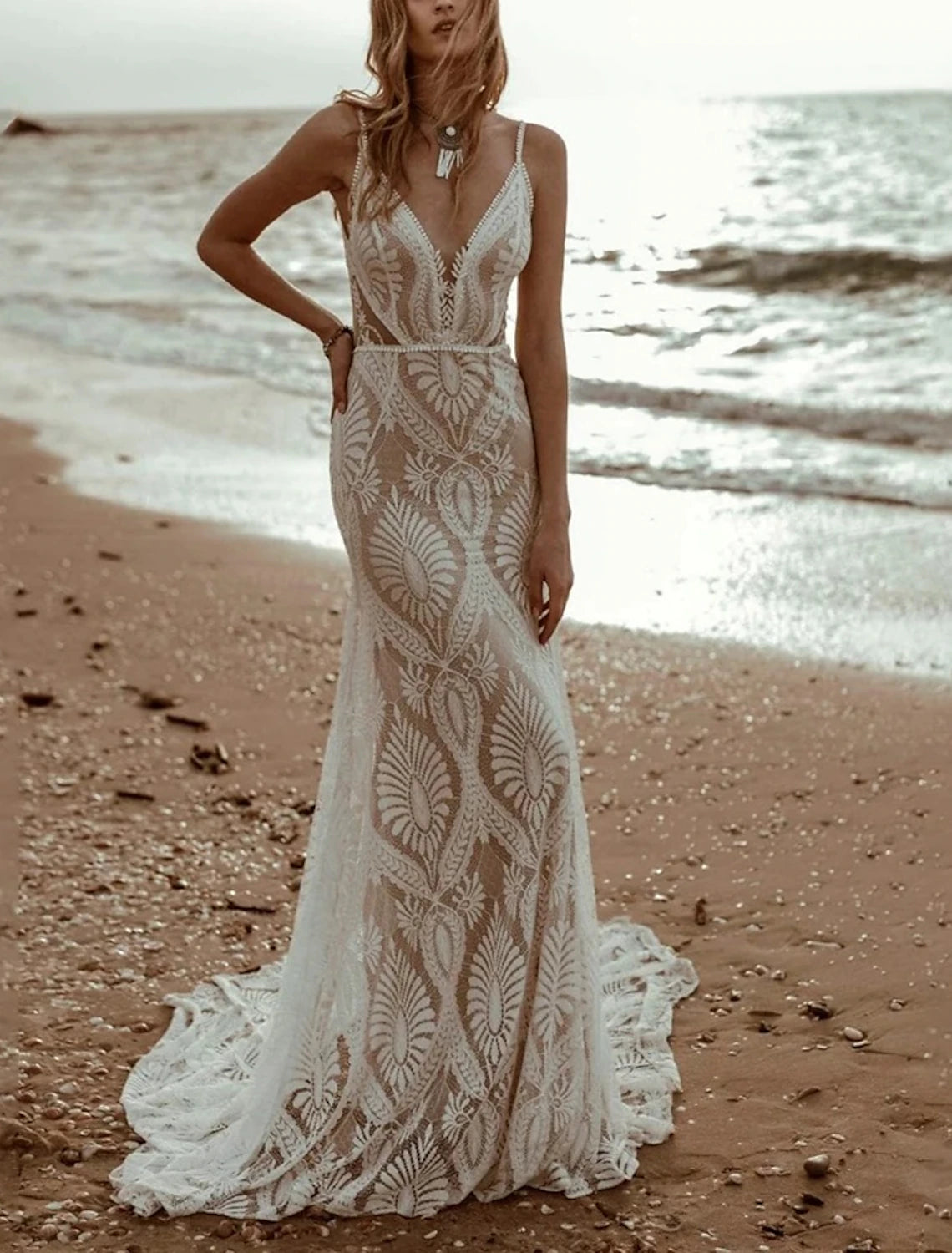 Beach Vintage Open Back Wedding Dresses Mermaid / Trumpet Camisole V Neck Sleeveless Sweep / Brush Train Chiffon Bridal Gowns