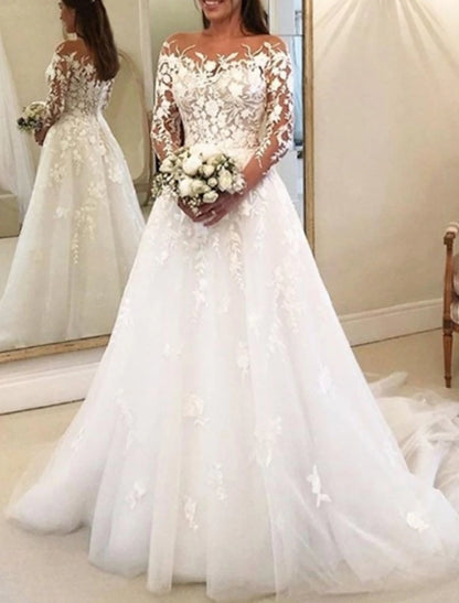 Vintage Formal Wedding Dresses Ball Gown Off Shoulder Long Sleeve Chapel Train Lace Bridal Gowns