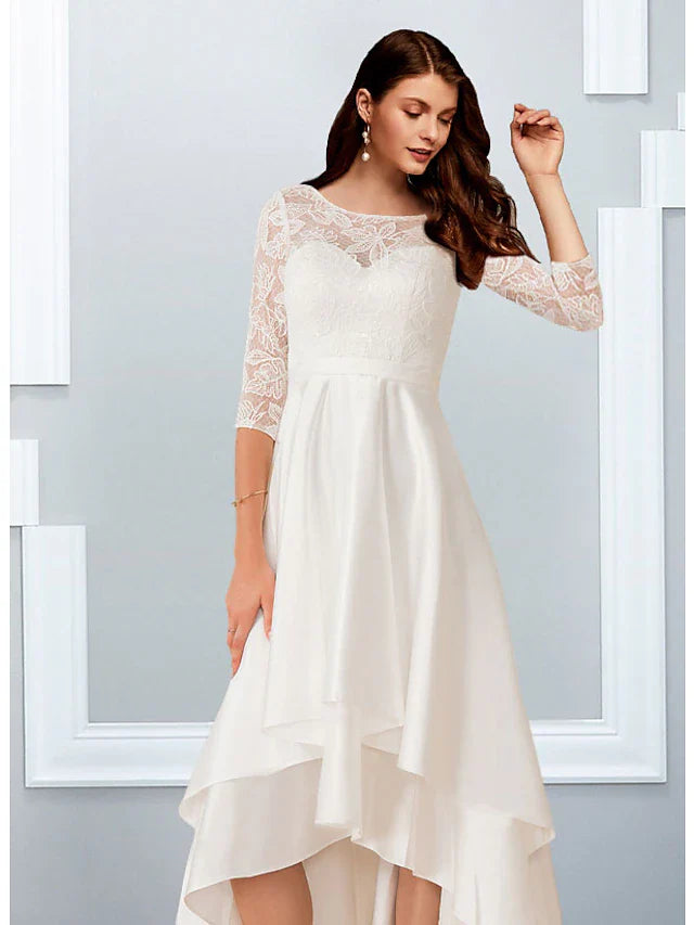 Bachelorette Party Little White Dresses Wedding Dresses Asymmetrical A-Line Half Sleeve Illusion Neck Chiffon