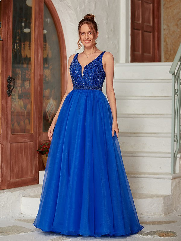 Weitese A-Line/Princess Organza Beading V-neck Sleeveless Floor-Length Dresses