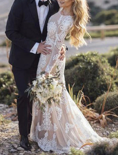 Beach Wedding Dresses in Color Boho Wedding Dresses Mermaid / Trumpet Scoop Neck Long Sleeve Court Train Lace Bridal Gowns