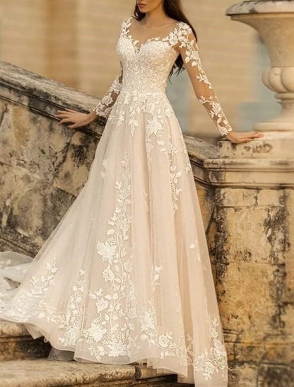 Beach Formal Wedding Dresses A-Line V Neck Long Sleeve Sweep / Brush Train Lace Bridal Gowns