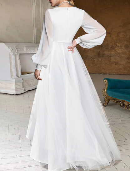 White Dress Simple A-Line V Neck Long Sleeve Asymmetrical Chiffon Wedding Dresses