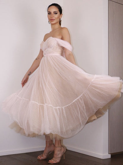 Weitese A-Line/Princess Lace Ruched Off-the-Shoulder Sleeveless Tea-Length Homecoming Dresses